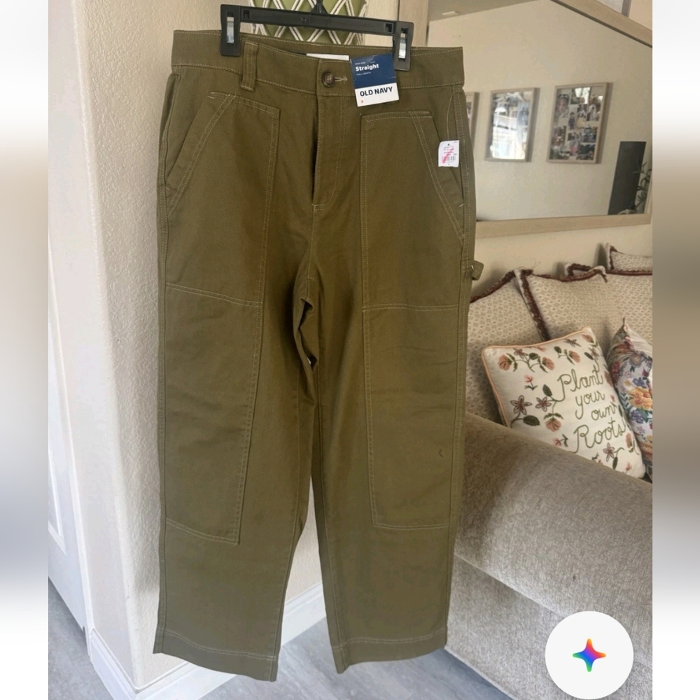 Old Navy Cargo Pants Straight Wide Leg  High- Rise Olive Green Sz 10 Nwot